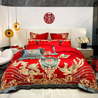 Thumbnail for Luxury Red Gold Dragon Phoenix Baroque Wedding Embroidered Duvet Cover, 600TC Egyptian Cotton Bedding Set