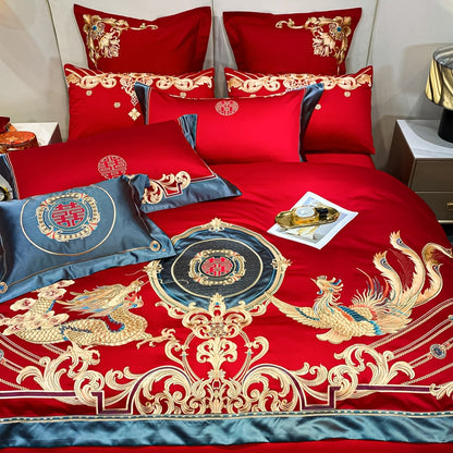 Luxury Red Gold Dragon Phoenix Baroque Wedding Embroidered Duvet Cover, 600TC Egyptian Cotton Bedding Set