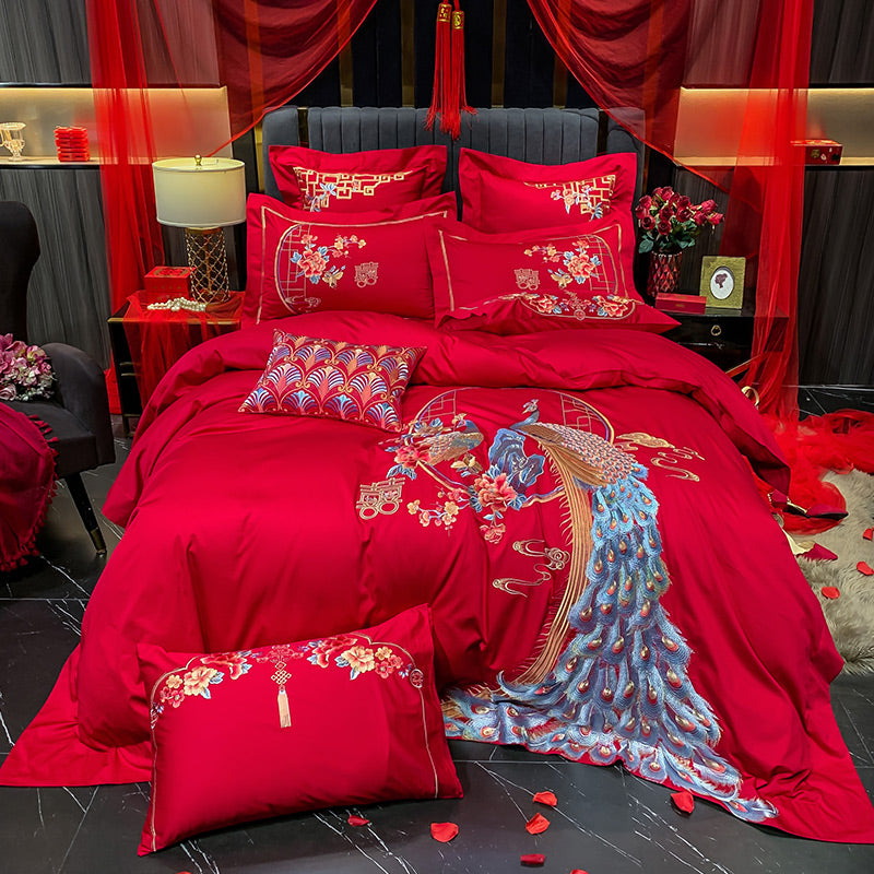 Luxury Red Peacock Elegant Phoenix Embroidered Wedding Duvet Cover Set, 600TC Egyptian Cotton Bedding Set