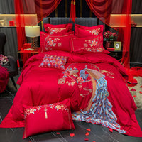 Thumbnail for Luxury Red Peacock Elegant Phoenix Embroidered Wedding Duvet Cover Set, 600TC Egyptian Cotton Bedding Set