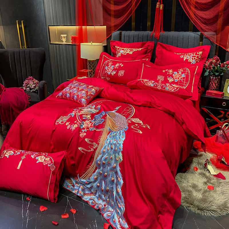 Luxury Red Peacock Elegant Phoenix Embroidered Wedding Duvet Cover Set, 600TC Egyptian Cotton Bedding Set