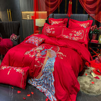 Thumbnail for Luxury Red Peacock Elegant Phoenix Embroidered Wedding Duvet Cover Set, 600TC Egyptian Cotton Bedding Set