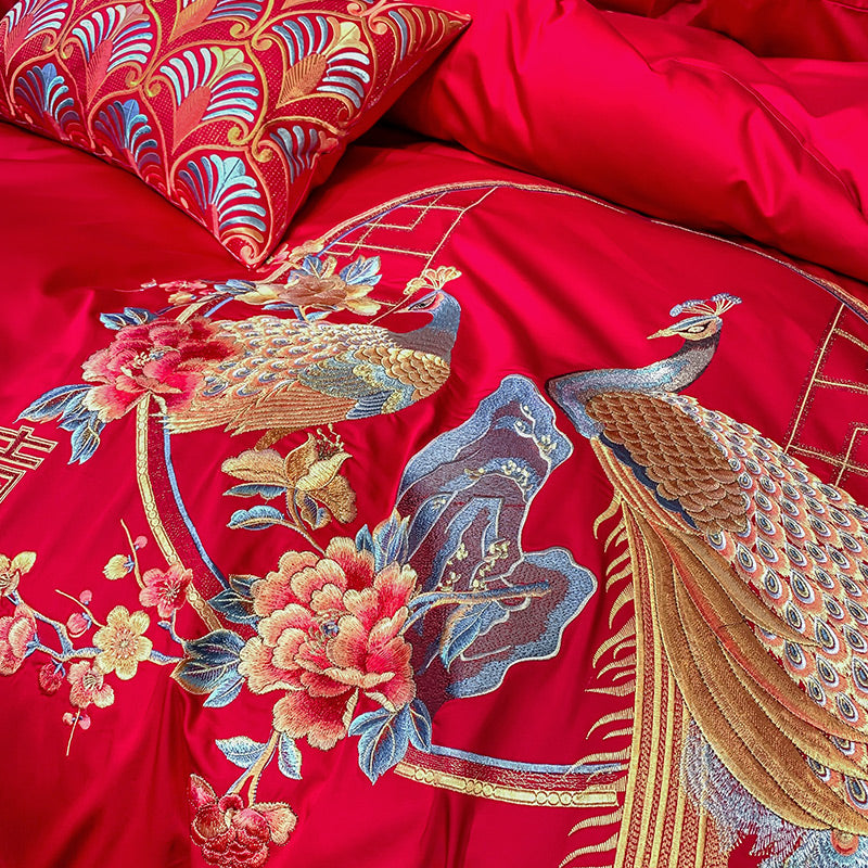 Luxury Red Peacock Elegant Phoenix Embroidered Wedding Duvet Cover Set, 600TC Egyptian Cotton Bedding Set