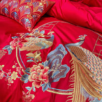 Thumbnail for Luxury Red Peacock Elegant Phoenix Embroidered Wedding Duvet Cover Set, 600TC Egyptian Cotton Bedding Set