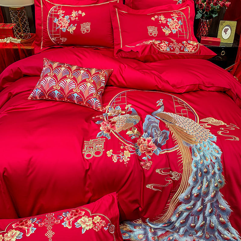 Luxury Red Peacock Elegant Phoenix Embroidered Wedding Duvet Cover Set, 600TC Egyptian Cotton Bedding Set