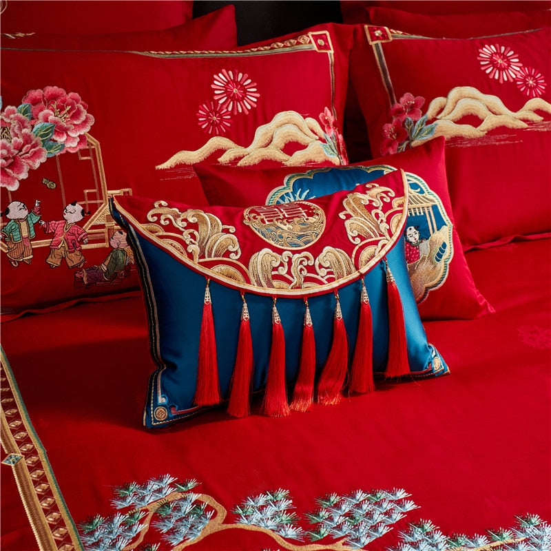 Luxury Red Happy Story Wedding Embroidery Tassels Duvet Cover, 1200TC Egyptian Cotton Bedding Set