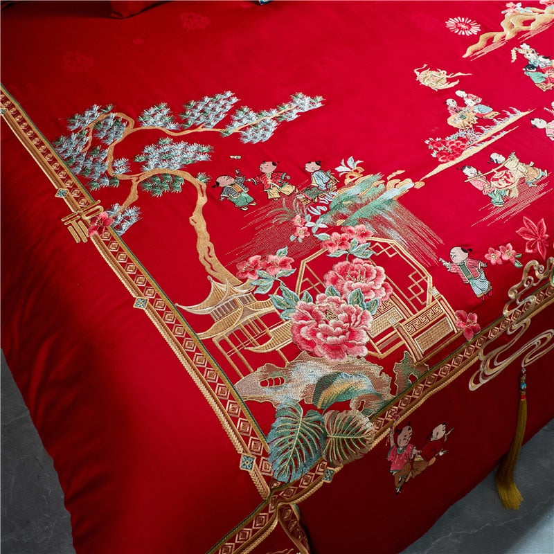 Luxury Red Happy Story Wedding Embroidery Tassels Duvet Cover, 1200TC Egyptian Cotton Bedding Set