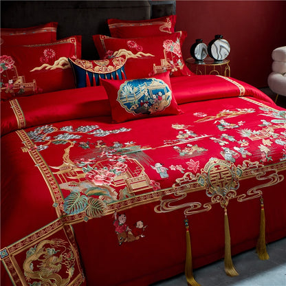 Luxury Red Happy Story Wedding Embroidery Tassels Duvet Cover, 1200TC Egyptian Cotton Bedding Set