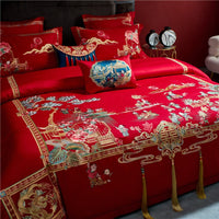 Thumbnail for Luxury Red Happy Story Wedding Embroidery Tassels Duvet Cover, 1200TC Egyptian Cotton Bedding Set