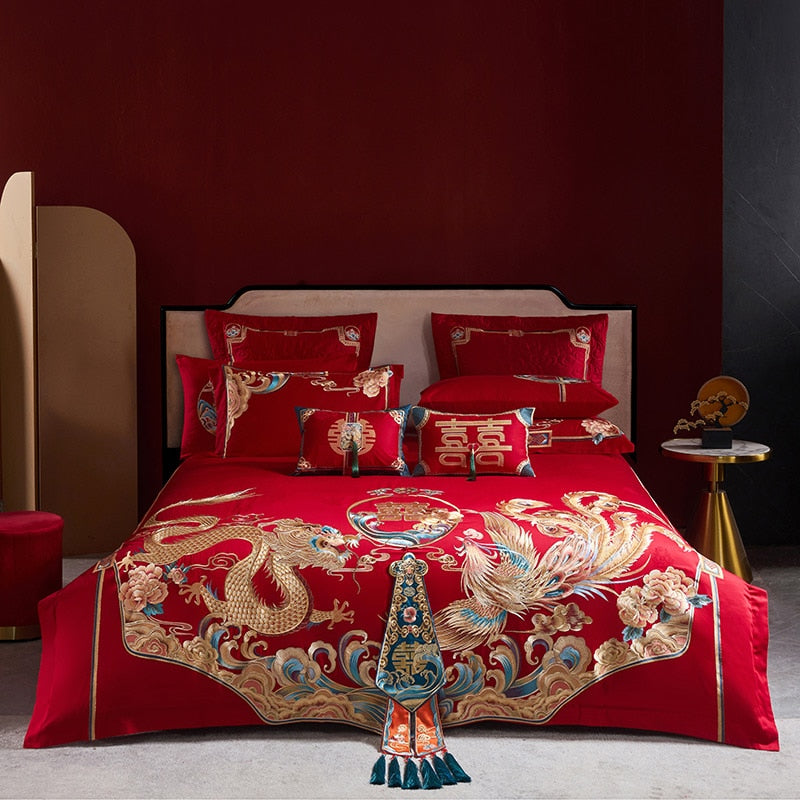 Luxury Red Gold Couple Wedding Dragon Phoenix Embroidered Duvet Cover, Egyptian Cotton 1400TC Bedding Set