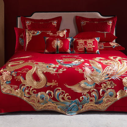 Luxury Red Gold Couple Wedding Dragon Phoenix Embroidered Duvet Cover, Egyptian Cotton 1400TC Bedding Set