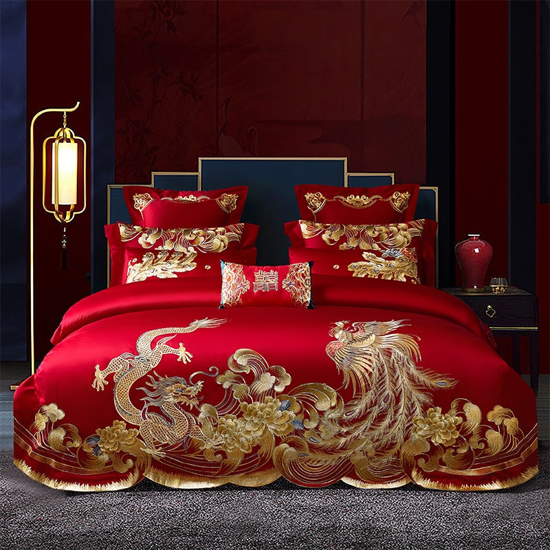 Dragon and Phoenix Luxury Red Golden Wedding Embroidery Duvet Cover Cotton Bedding Set
