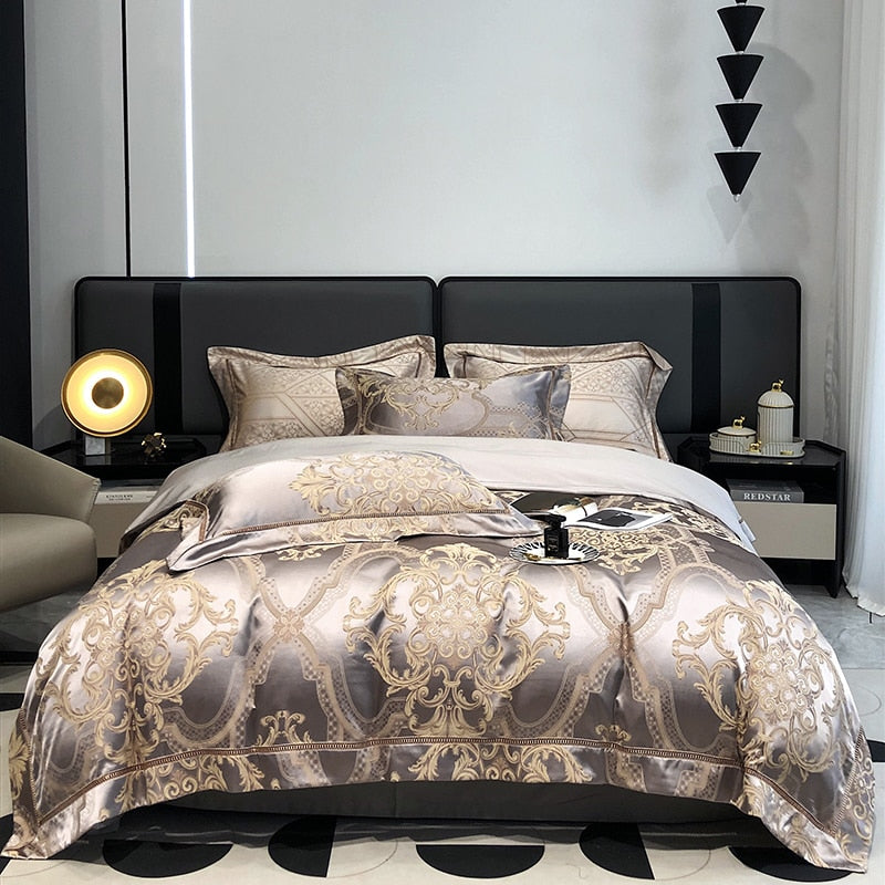 Luxury Gold Baroque Satin European Patchwork Jacquard Duvet Cover Set, 1000TC Egyptian Cotton Bedding Set