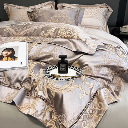 Luxury Gold Baroque Satin European Patchwork Jacquard Duvet Cover Set, 1000TC Egyptian Cotton Bedding Set
