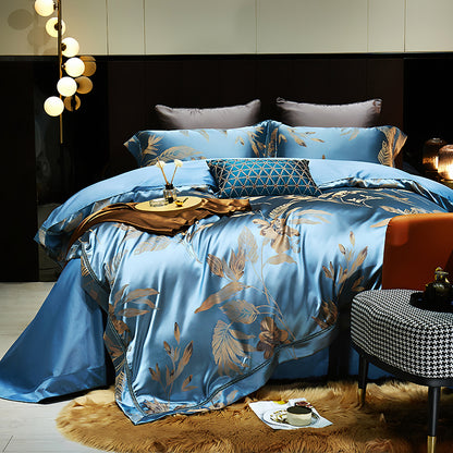 Luxury Satin Silk Gold Leaves Jacquard Patchwork Duvet Cover Set, Egyptian Cotton 1000TC Bedding Set