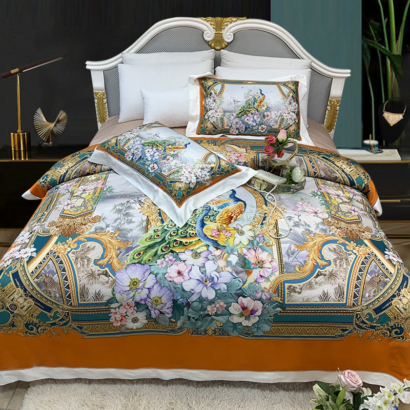Luxury Peacock Flower Baroque Digital Printing Silky Duvet Cover Set, Silk Cotton 1000TC Bedding Set