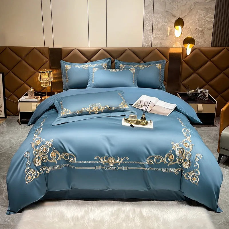 Luxury Blue Gold Baroque Embroidered Duvet Cover Set, Cotton 600TC Bedding Set