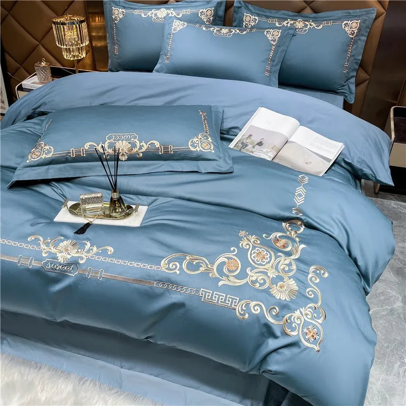 Luxury Blue Gold Baroque Embroidered Duvet Cover Set, Cotton 600TC Bedding Set