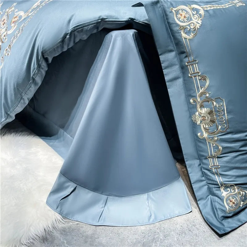 Luxury Blue Gold Baroque Embroidered Duvet Cover Set, Cotton 600TC Bedding Set