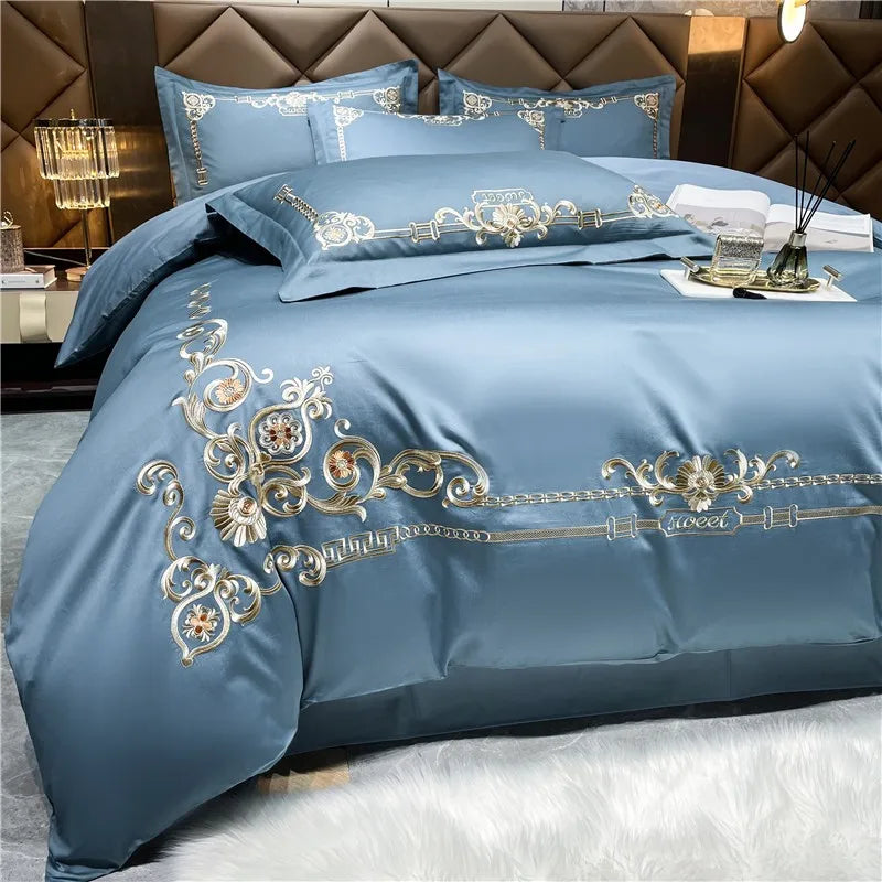 Luxury Blue Gold Baroque Embroidered Duvet Cover Set, Cotton 600TC Bedding Set