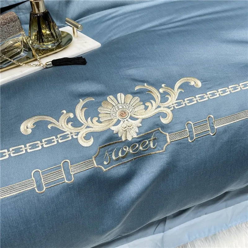 Luxury Blue Gold Baroque Embroidered Duvet Cover Set, Cotton 600TC Bedding Set