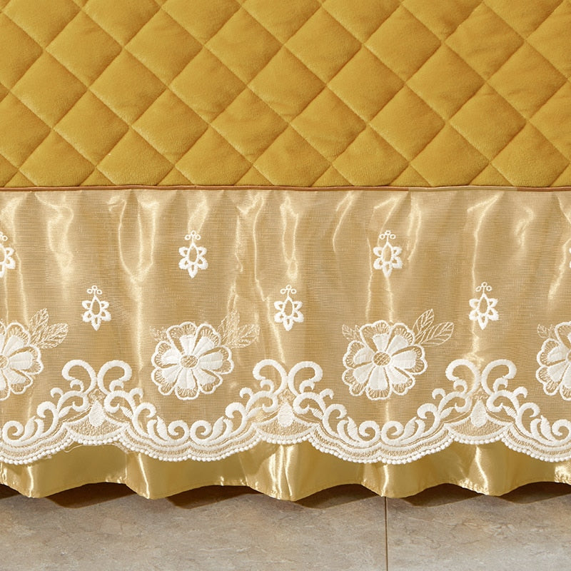 Luxury Yellow Pink Warm Velvet Fleece Lace Ruffles Quilted Bedspread Bedding Set