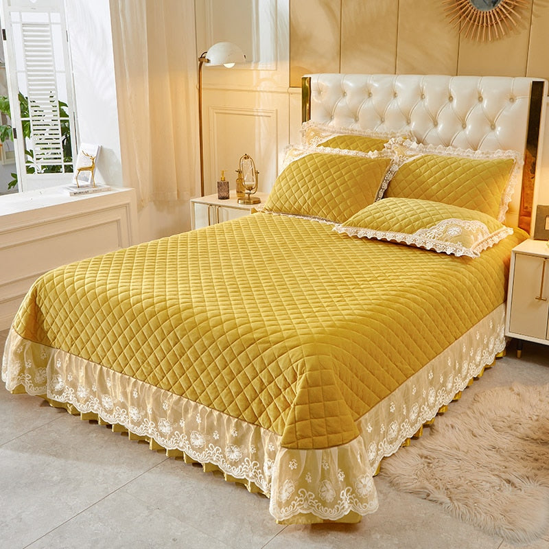 Luxury Yellow Pink Warm Velvet Fleece Lace Ruffles Quilted Bedspread Bedding Set