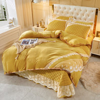 Thumbnail for Luxury Yellow Pink Warm Velvet Fleece Lace Ruffles Quilted Bedspread Bedding Set