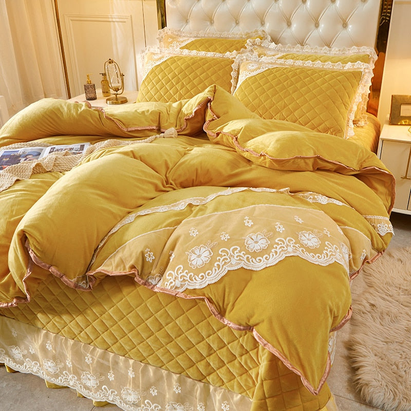 Luxury Yellow Pink Warm Velvet Fleece Lace Ruffles Quilted Bedspread Bedding Set