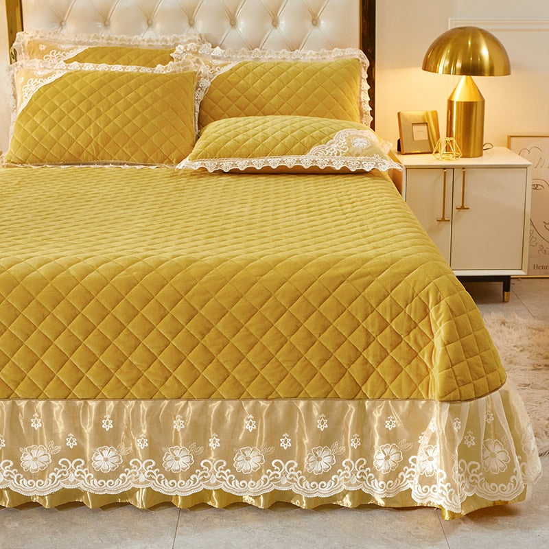Luxury Yellow Pink Warm Velvet Fleece Lace Ruffles Quilted Bedspread Bedding Set