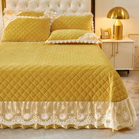 Thumbnail for Luxury Yellow Pink Warm Velvet Fleece Lace Ruffles Quilted Bedspread Bedding Set