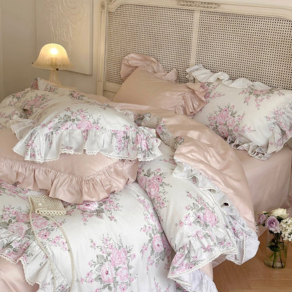 Pink Rose Luxury Vintage French Lace Ruffles Egyptian Cotton 1000TC Duvet Cover Bedding Set
