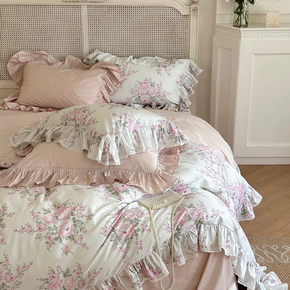 Pink Rose Luxury Vintage French Lace Ruffles Egyptian Cotton 1000TC Duvet Cover Bedding Set