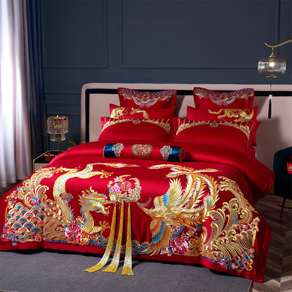 Luxury Dragon Phoenix Red Gold Tassel Wedding Wealth Duvet Cover Set, Egyptian Cotton 1000TC Bedding Set