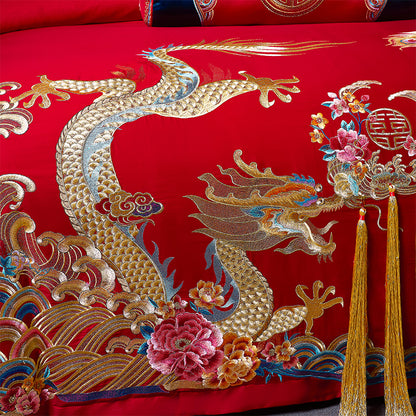 Luxury Dragon Phoenix Red Gold Tassel Wedding Wealth Duvet Cover Set, Egyptian Cotton 1000TC Bedding Set