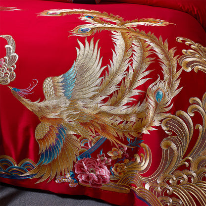 Luxury Dragon Phoenix Red Gold Tassel Wedding Wealth Duvet Cover Set, Egyptian Cotton 1000TC Bedding Set