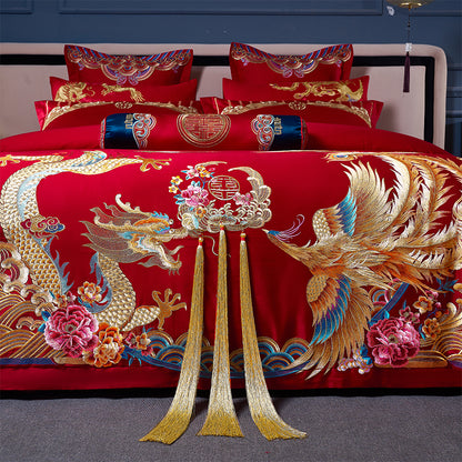 Luxury Dragon Phoenix Red Gold Tassel Wedding Wealth Duvet Cover Set, Egyptian Cotton 1000TC Bedding Set