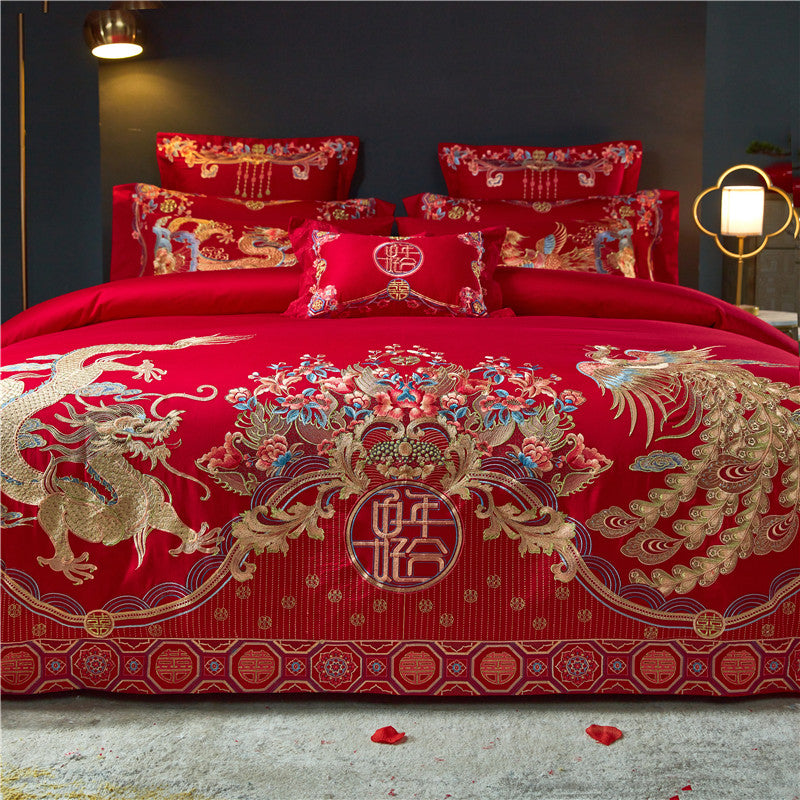 Luxury Red Gold Phoenix Europe Wedding Duvet Cover Set, Egyptian Cotton 1000TC Bedding Set