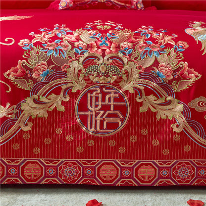 Luxury Red Gold Phoenix Europe Wedding Duvet Cover Set, Egyptian Cotton 1000TC Bedding Set