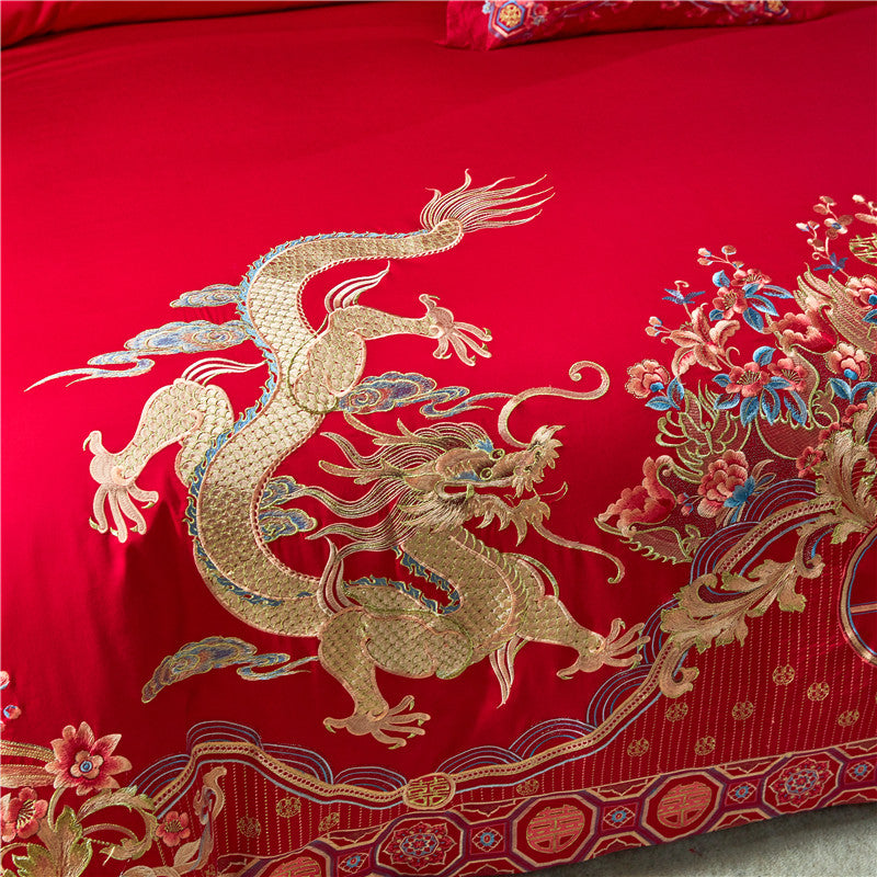 Luxury Red Gold Phoenix Europe Wedding Duvet Cover Set, Egyptian Cotton 1000TC Bedding Set