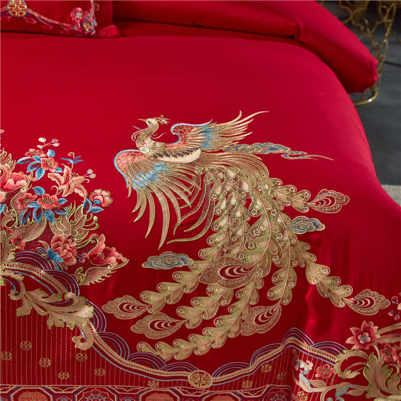 Luxury Red Gold Phoenix Europe Wedding Duvet Cover Set, Egyptian Cotton 1000TC Bedding Set