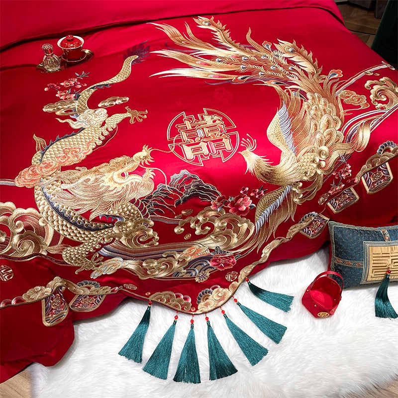 Luxury Gold Red Phoenix Wedding Wealth Duvet Cover Set, 1200TC Egyptian Cotton Bedding Set