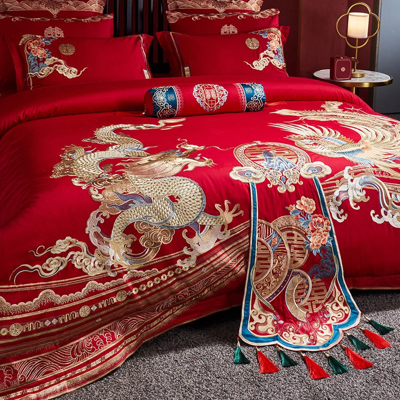 Premium Red Gold Wedding Dragon Happy Embroidery Tassels Duvet Cover Set, 1400TC Egyptian Cotton Bedding Set