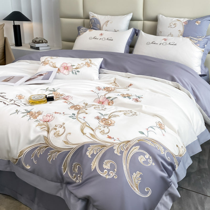 Luxury White Purple Baroque Soft Satin Silky Chic Flowers Wedding Duvet Cover Set, 600TC Egyptian Cotton Bedding Set