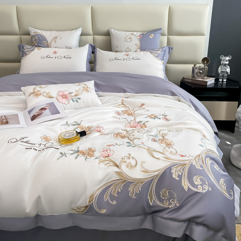 Luxury White Purple Baroque Soft Satin Silky Chic Flowers Wedding Duvet Cover Set, 600TC Egyptian Cotton Bedding Set