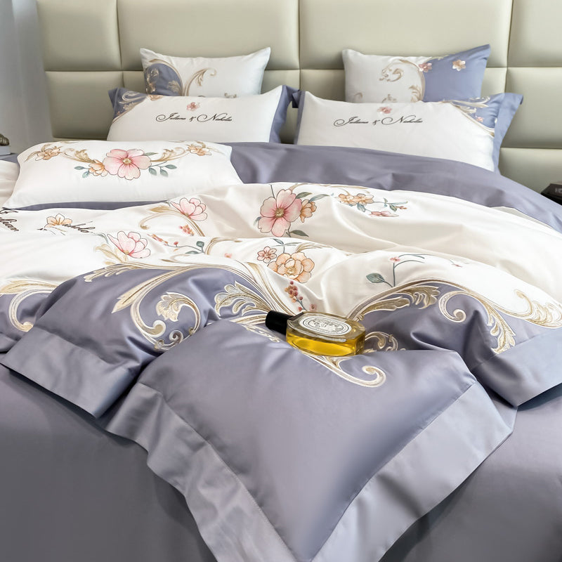 Luxury White Purple Baroque Soft Satin Silky Chic Flowers Wedding Duvet Cover Set, 600TC Egyptian Cotton Bedding Set