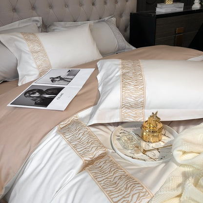 Luxury White Champagne European Wedding Embroidered Duvet Cover Set, 1000TC Egyptian Cotton Bedding Set