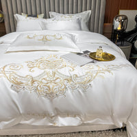 Thumbnail for Blue White European High Life Embroidered Duvet Cover Set, 600TC Washed Cotton Bedding Set