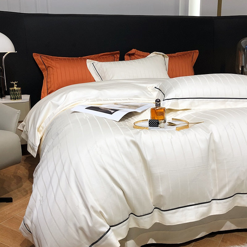 Luxury White Orange Premium Garde Hotel Style Duvet Cover Set, 1000TC Egyptian Cotton Bedding Set