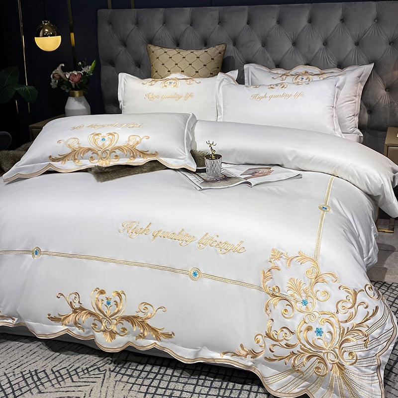 Luxury Gold Emerald European Embroidered Soft Duvet Cover Set, 600TC Egyptian Cotton Bedding Set